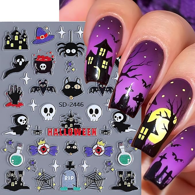 Halloween Nail Art Stickers, Cute Pumpkin Nail Art Decals 3D Self-Adhesive with Bat Skull Spider Web Cat Ghost Nail Design 4Pcs Halloween Nail Art Supplies for Women Nail Decoration