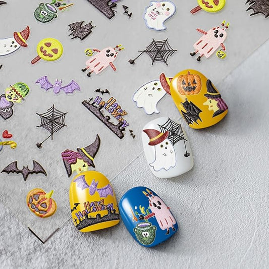 Halloween Nail Stickers for Nail Art - Ghost Witch Nail Art Sticker Halloween 5D Embossed Nail Decals Self-Adhesive Nails Supply Manicure Stickers for Nails Decoration