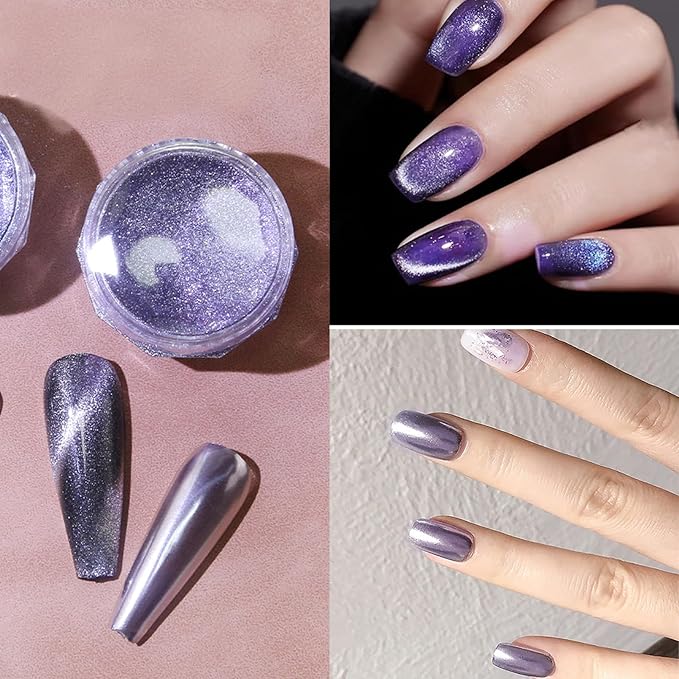 WEILUSI Cat Eye Chrome Powder Holographic Purple Magnetic Powder Glitter Mirror Effect 9D Cat Eye Effect Nail Pigment Glitter Galaxy Effect Dust for Nail Art Manicure Gel Polish
