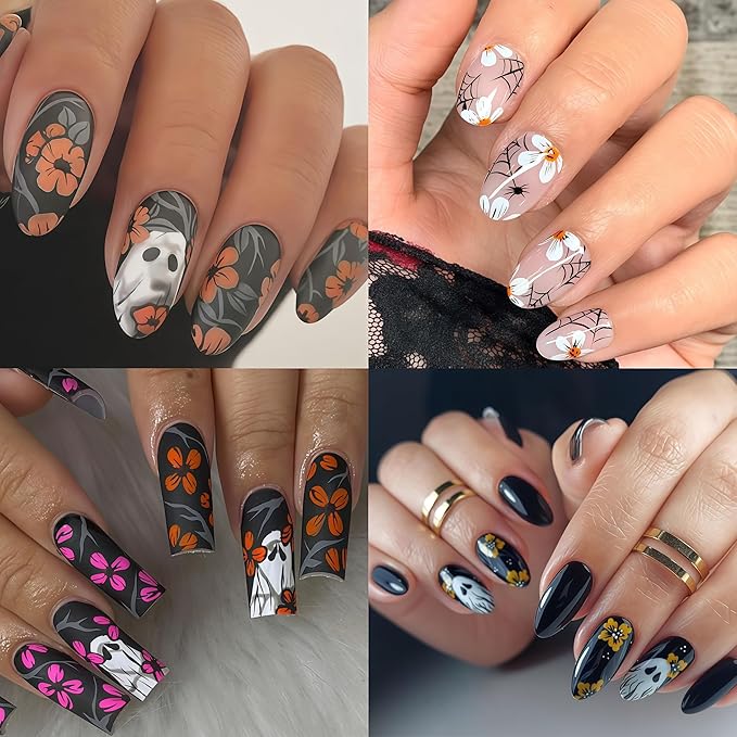 6 Sheets Halloween Nail Art Stickers Cute Pumpkin Flower Ghost Nail Decals 3D Self-Adhesive Hibiscus Ghost Nail Design Nail Supplies White Ghost Pumpkin Nail Decorations for Women DIY Holiday Manicure
