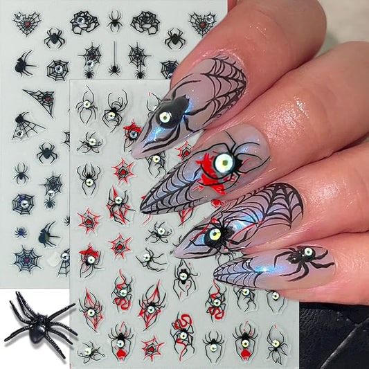 2 Sheets Halloween 5D Embossed Nail Stickers for Nail Art Red Black Spider Web Nail Decals Self-Adhesive Spider with Glitter Rhinestones Nail Design Decals Goth Halloween Nails Supply for Women DIY
