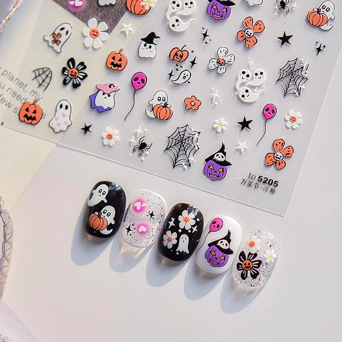 5D Halloween Nail Stickers for Nail Art,Ghost Pumpkin Halloween Nail Art Stickers 1PCS Flower Ghosts Spider Web Star 5D Embossed Holiday Nail Decals Manicure Accessories for Women DIY Decorations