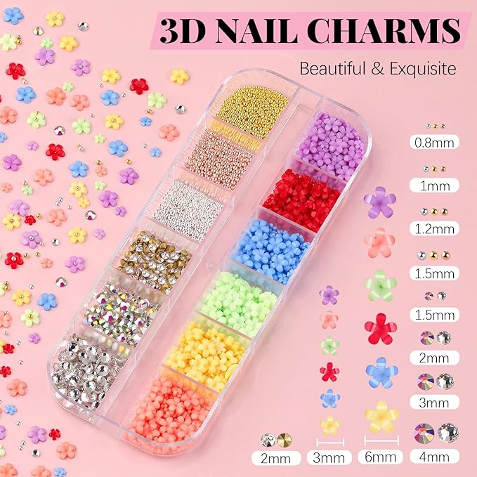 3D Flowers Nail Charms and Gems with Nail Rhinestone Glue Gel, Cute Colorful Acrylic 3D Flowers for Nails with Caviar Beads, Rhinestones for Nails and Gem Glue with Pickup & Dotting Tools