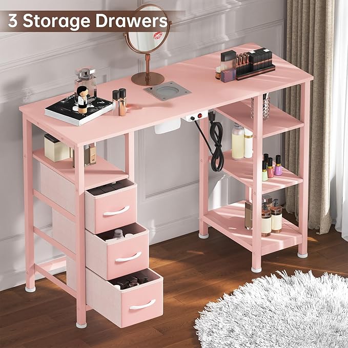 Nail Desk for Nail Tech w/Electric Dust Collector, Manicure Table w/3 Storage Drawers & 3 Open Shelves for Beauty Salon Tech Station
