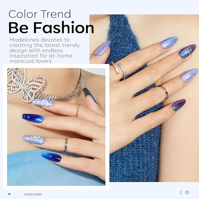 modelones Gel Nail Polish Set 2 PCS 15 ML Blue Cat Eye Gel Nail Polish Glitter Galaxy Dark Blue 9D With Magnet Light Shimmer Soak Off Led Nail Art DIY Salon For Women