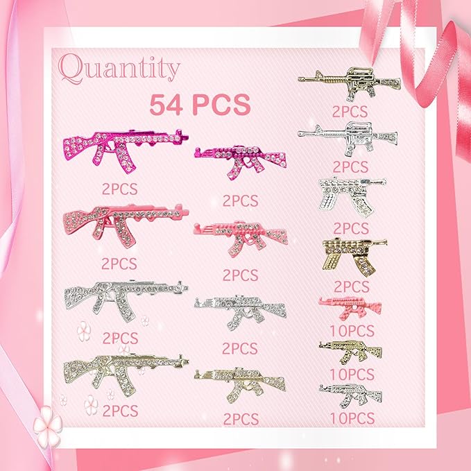 54PCS Gun 3D Nail Charms for Acrylic Nails, Gold Silver Pink Alloy Nail Gems Gun Nail Accessories, Nail Rhinestones for Nail Art Supplies Manicure Craft DIY, Medium