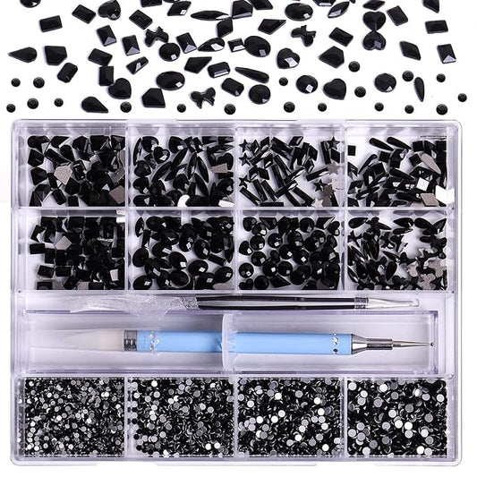 3320Pcs Black Nail Art Rhinestones Crystal,HOINCO 3D Rhinestones Gems Jewels Diamond,24 Types of 320 Diamonds + 3000 Round Beads, Crystals 3D Flat Back Gemstones for Nail DIY Crafts with Tweezers Pen