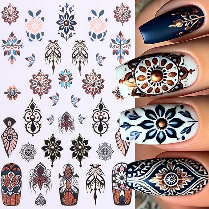 Bohemian Style Nail Stickers - Boho Chic Dreamcatcher Ethnic Tribal Feathers Self-Adhesive 3D Nail Decals for Women DIY Totem Manicure(4 Sheets)