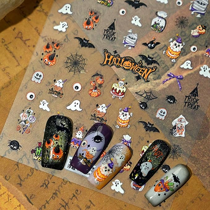 Halloween Nail Stickers for Nail Art - Cute Ghost Nail Art Sticker Halloween Bat Witch Hat 5D Embossed Nail Decals Self-Adhesive Nails Supply Manicure Stickers for Nails Decoration（Ghost Party）
