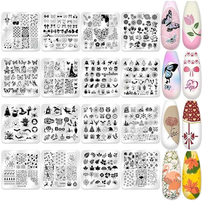Biutee Nail Stamping Plate 20Pcs Nail Stamper Kit 16Pcs Nail Art Stamping Plates with Silicone Stamper, Scraper & Storage Bag, Stamp Plates Star Plaid Love Leaf Template Halloween Design Gift