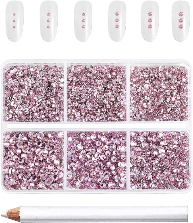 Beadsland 7200pcs Flatback Rhinestones, Pink Nail Gems Round Crystal Rhinestones for Crafts, Mixed 6 Sizes with Wax Pencil Kit, SS3-SS10, Light Rose/Light Pink