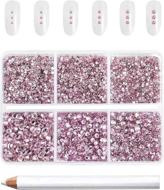 Beadsland 7200pcs Flatback Rhinestones, Pink Nail Gems Round Crystal Rhinestones for Crafts, Mixed 6 Sizes with Wax Pencil Kit, SS3-SS10, Light Rose/Light Pink