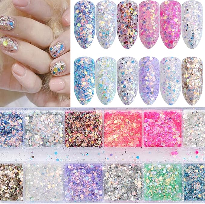 Colorful Glitter Nail Art Sequins, 12 Colors Iridescent Nail Flakes Decorations, Holographic Ultra-Thin Hexagon Powder Nail Art Design for Women Girls Manicure Sparkly Acrylic Supplies, Nail Art Tips