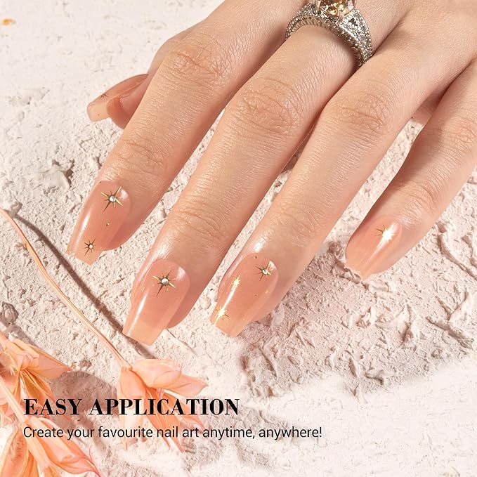 MelodySusie Semi Cured Gel Nail Strips (Nude Jelly Stars), Works with Nail Lamp, Salon Quality, Long Lasting, Easy to Apply and Remove, Includes 20Pcs, 2 Prep Pads, Nail File and Wooden Stick