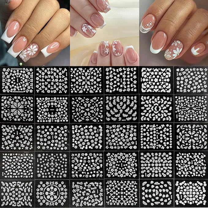 30 Sheets White Flower Nail Art Stickers with Rhinestones Designs - 3D Self Adhesive Nail Decals for Women & Girls