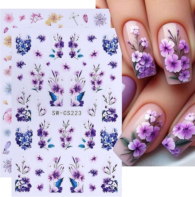 Flower Stickers Nail Art Decals 12PCS Summer Nail Art Designs with Tweezers Tulip Butterfly Leaf Florals Ladybug Decals 3D Self-Adhesive Manicure Simple Nail Stickers for Women Acrylic Nails Supplies