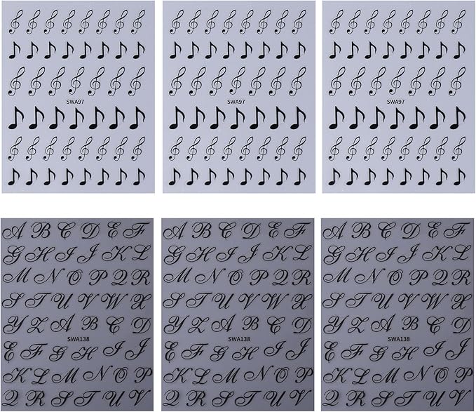6 Sheets Gothic Nail Art Sticker Decals, Russian Letters Notes Nail Stickers Holiday Nail Decals for Nail Art Black Graffiti Style Design Nail Supplies Elegant Self Adhesive Decals for Women Decor