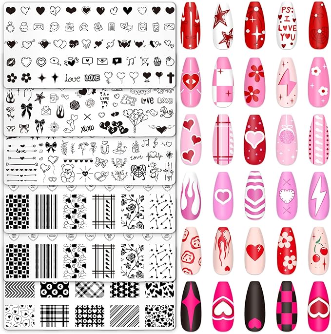 Whaline 6Pcs Happy Valentine Nail Plates Stamping Set Love Heart Stamp Templates Nail Art Plates for DIY Print Manicure Salon Design