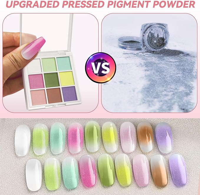 Nail Pigment Powder Palette, 9 Colors Solid Pigment Powder for Nails Ombre Gradient Aura French Manicure, Nail Art Palette Rub Dust Glitter Manicure Home DIY Decoration Accessories, Light Colors