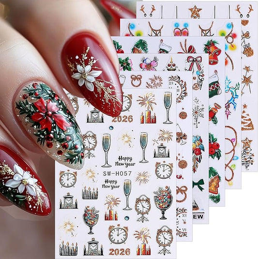 6 Sheets Christmas Nail Art Stickers 2026 New Year Fireworks Clock Xmas Nail Stickers 3D Self-Adhesive Glitter Light Strip Holly Flower Leaf Designs Winter Nail Decals for Women DIY Manicure Supplies