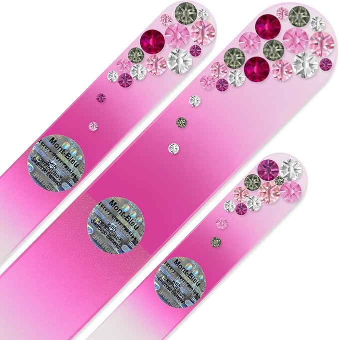 Mont Bleu Set of 3 Glass Nail Files hand decorated with crystals - Handmade gifts - Czech Tempered Glass - Excellent Nail Filing Tools - The Best Gifts - Crystal Nail File