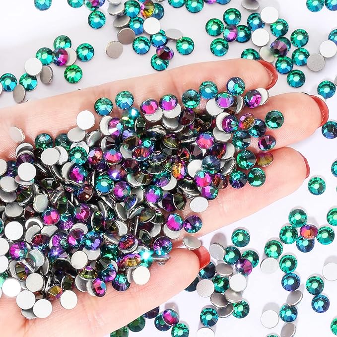 Novani Rhinestones 3000Pcs Flatback Crystal Round Loose Gemstones Glass Rhinestones for Crafts Makeup Nail Art Clothes Shoes DIY Decorations(SS8, 2.3-2.5mm,Green Flame)