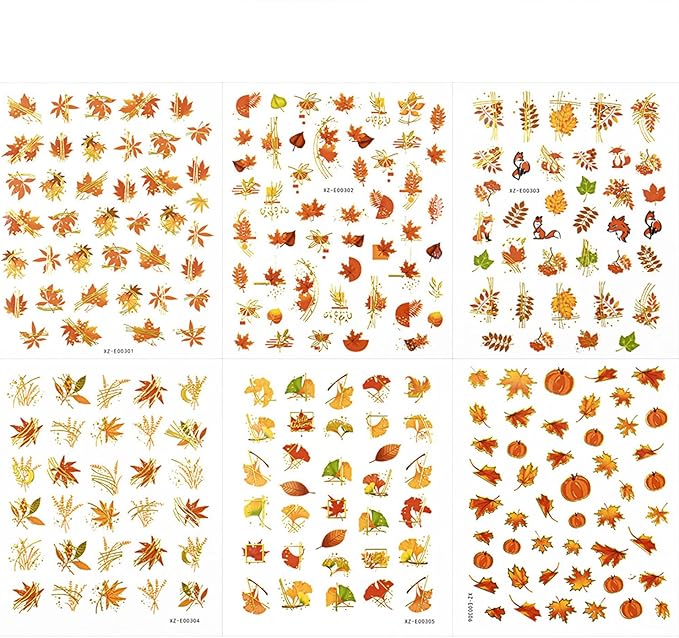 Fall Nail Art Stickers Decals Thanksgiving Maple Leaf Nails Decals Self-Adhesive Autumn Maple Leaves Nails Stickers for Nail Art Decals (6 Sheets)
