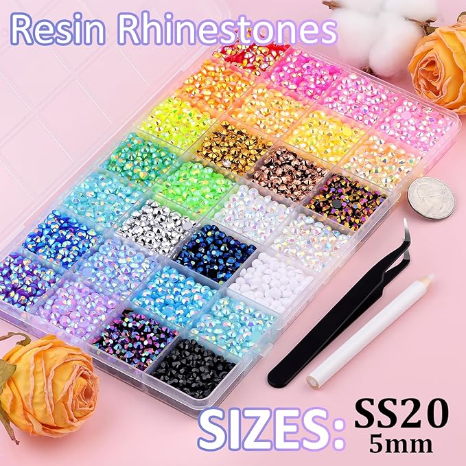 8500Pcs Resin Rhinestones with Tweezers for Crafting, Mixed-Color 5mm Bedazzling Crystal with 1Pcs 10ml B7000 Jewelry Glue for DIY Crafts Clothing Tumblers Shoes Fabric Nail Art