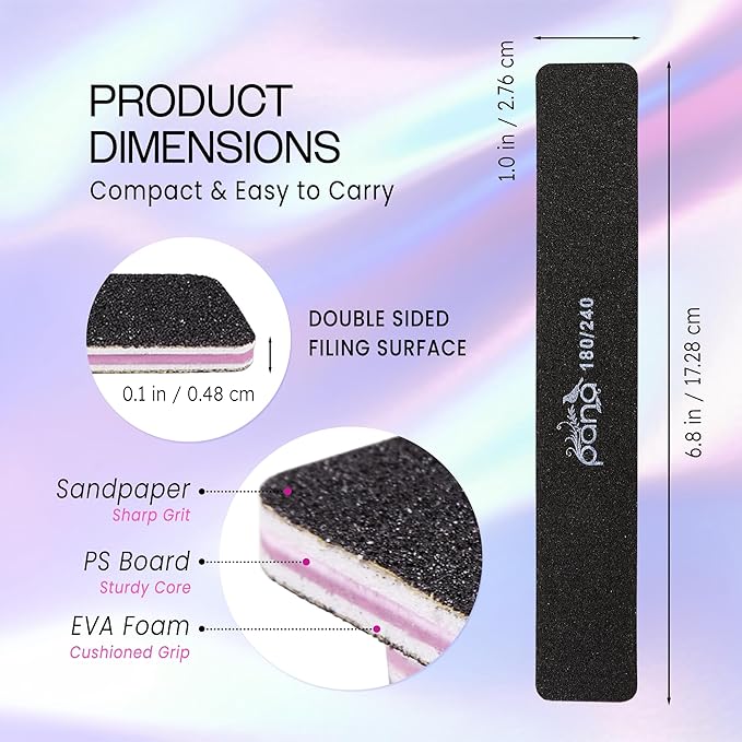 10PCS Jumbo Size PANA Professional Double Sided Nail Files - Black, 180/240 Grit - Emery Board Nail Buffering File Manicure Pedicure Nail Polisher Washable