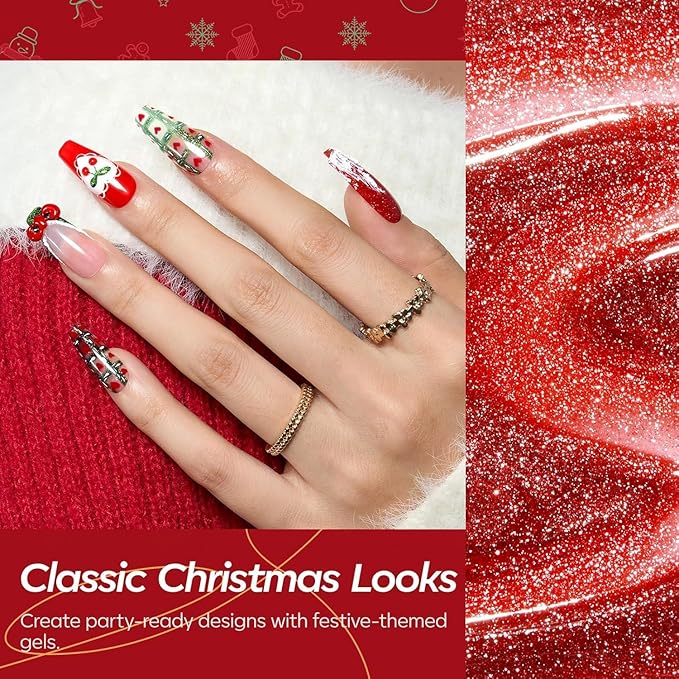 modelones Red Cat Eye Gel Nail Polish Set, 2PCS 15 ML Magnetic Glitter Holographic Red Ruby Glass Polish Reflective Jelly Translucent UV Gel Manicure Art DIY Salon Christmas Gift for Girl Women
