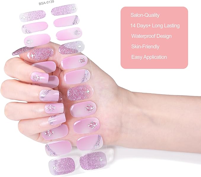 No Lamp Gel Nail Strips 22 Pcs Wraps - Silver Plum Glitter, Easy Apply Gel Nail Stickers Long Lasting, Salon-Quality, 2 Prep Pads, 1 File, 1 Wooden Stick