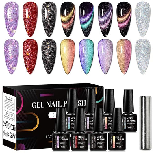 MEET ACROSS 8pcs Gel Nail Polish Set, Soak off UV LED Lamp Gel Nail Polish Cat Eye Set Home Gel Manicure Kit 7ml (Starburst Glitter + 9D Cat Eye Gel)