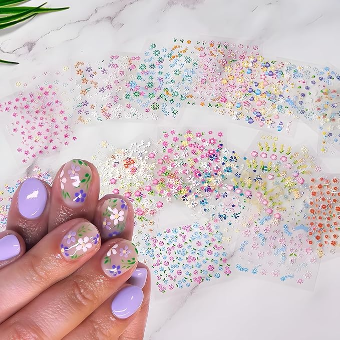 Colorful Cute Daisy, Floral, Heart, Flower Nail Art Stickers Decals, 3D Self Adhesive Supplies, Design Decoration Accessories for Women and Girls, 30 Sheets
