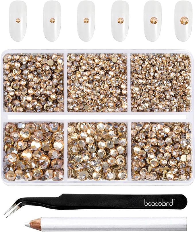 Beadsland 4300pcs Flatback Rhinestones,Gold Rhinestone Nail Gems Round Crystal Rhinestones for Crafts,Mixed 6 Sizes with Picking Tweezers and Wax Pencil Kit, SS6-SS20,Golden Shadow
