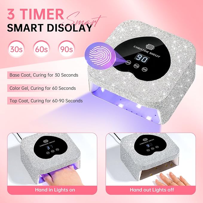 UV Nail Lamp, CHRISTINE SHELLY UV Light for Gel Nails, 48W Plug-in Mini Diamond Nail Lamp Nail Dryer with Touch Control Auto Sensor and 3 Timer Settings Nail Light Curing Lamp, Home, White Diamond