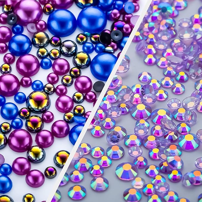 60g Dark Blue Flat Back Pearls Rhinestones for Crafts Mixed Size 3mm-10mm AB Color Round Half Pearls Flatback Pearl Beads and Resin Rhinestones Set for Face Art with Glue