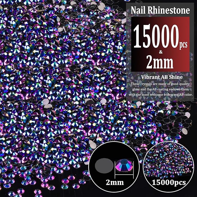 15000pcs 2mm Resin Rhinestones Bulk, Purplish Black AB Flatback Round Jelly Rhinestones Non Hotfix Crystal Gems Large Quantity Wholesale for DIY Crafts Clothes Bottles Face Makeup Manicure