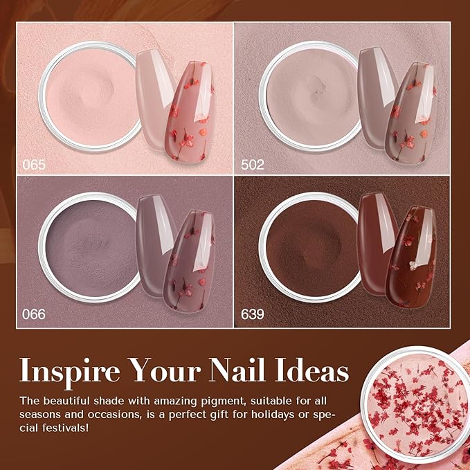 AZUREBEAUTY Dip Powder Nail Kit, 4 Colors Nude Dark Brown with Dried Flower Set, Fall Winter Natural Dipping Powder Starter Liquid Set Recycling Tray with Base & Top Coat Activator ﻿