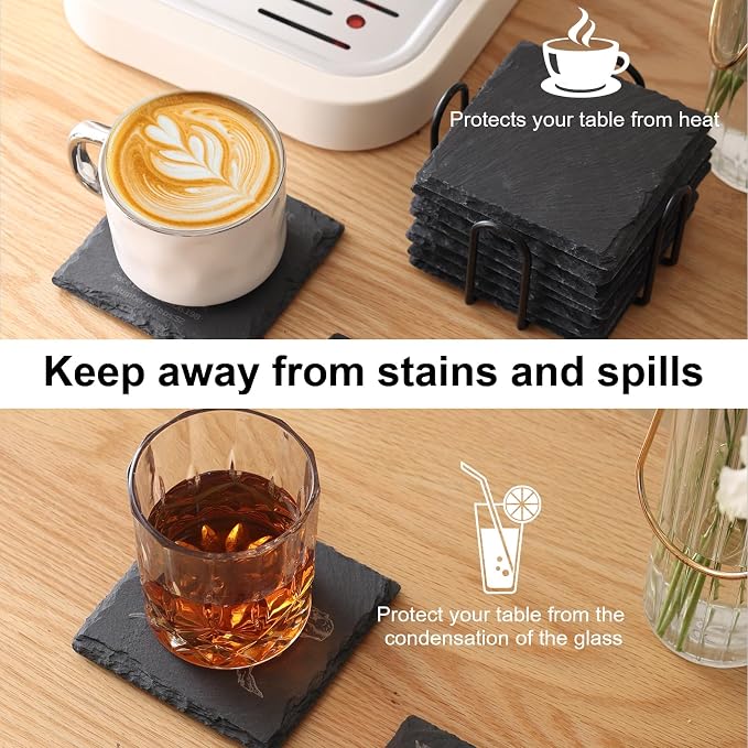 Slate Coasters Set of 6, 4 Inch Black Square Stone Coasters Bulk, Laser - Image 5