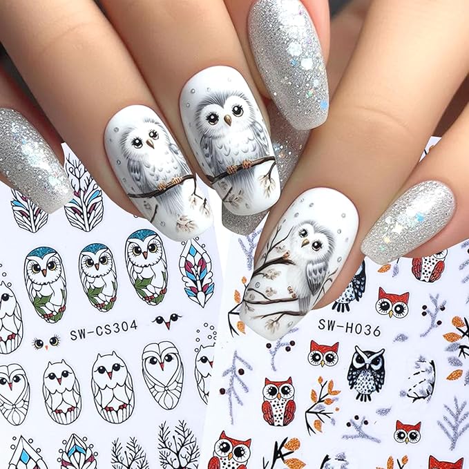 2Sheets Cute Owl Nail Art Stickers 3D Christmas Nail Decals for Acrylic Nails Self-Adhesive Leaves Branches Nail Sticker with Gold Silver Glitter Designs Nail Decal for Women Manicure Decor Supplies