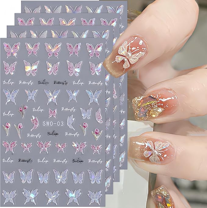 Shiny Pink Butterfly Nail Decals - 3D Self-Adhesive Nail Art Stickers - Laser Glitter Butterflies - DIY Manicure Decor