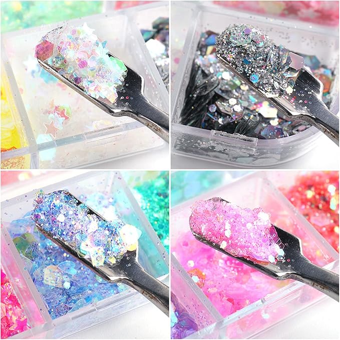 12 Colors Nail Art Sequins Mermaid Iridescent Nail Glitter Flakes Design Holographic Acrylic Nails Supplies for Nail Art Gel Polish Nail Art Powder Women Girls Manicure Tips 3D Charms Decoration