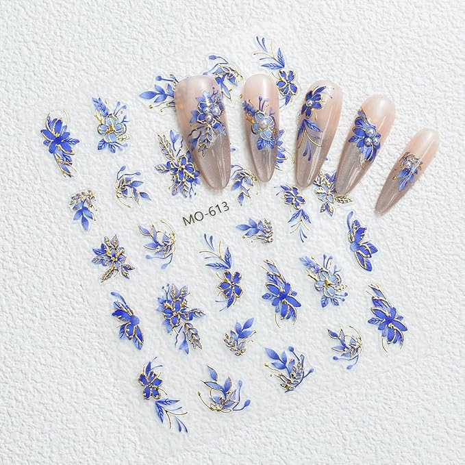 3 Sheet Flower Nail Art Stickers Decals 5D Embossed Self- Adhesive Blue Red Flowers Nail Stickers Gold Floral Nail Decals Supplies for Women DIY Manicure Accessories