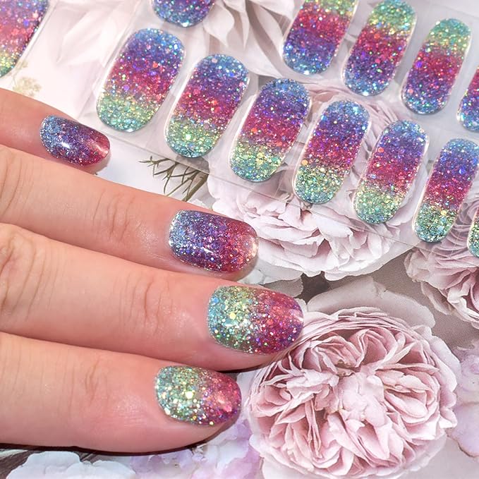 Semi Cured Gel Nail Strips Glitter Gel Nails Sticker 22pcs Rainbow Sequins Nail Wraps for Home Nails DIY