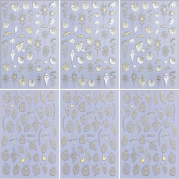 Halloween Nail Stickers 3D Spider Web Pumpkin Nail Artl Stickers Fall Thanksgiving Maple Leaves Nail Decals Self Adhesive Cobweb Design Sticker Holiday Nail Art Decoration for Women Accessories