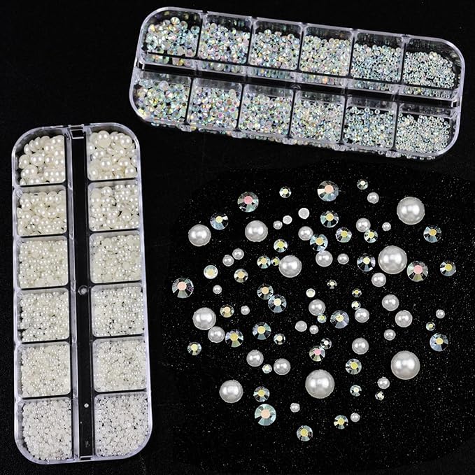 Nail Art Pearls Rhinestones with Glue Gel Flatback Cream Pearls AB Rhinestones Nail Charms Mixed Size 0.04-0.2in Nails Gems Pearl Accessories for Women Nails Design Decoration