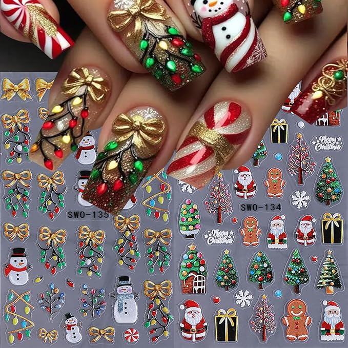 Christmas Nail Art Stickers Color Light Nail Decals with Christmas Tree Santa Claus Snowman Design 3D Self-Adhesive Gold Bow Nail Stickers Acrylic Nail Supplies for Women DIY Xmas Decor 2 Sheets