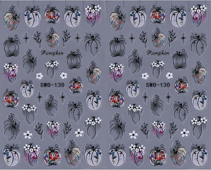 2Sheets Halloween Nail Art Stickers Decals 3D Black Pumpkin Leaf Designs Nail Stickers Self-Adhesive Colorful Flower Nail Decal Pumpkin Star Nail Sticker for Women DIY Manicure Decoration Supplies