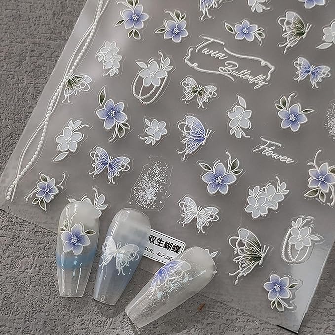 Flower Nail Stickers 5D Embossed Nail Art Stickers Decals Self-Adhesive Butterfly Floral Nail Supplies Spring Nail Art Design Decoration Accessories(1, Flower Butterfly)