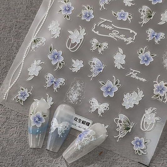 Flower Nail Stickers 5D Embossed Nail Art Stickers Decals Self-Adhesive Butterfly Floral Nail Supplies Spring Nail Art Design Decoration Accessories(1, Flower Butterfly)